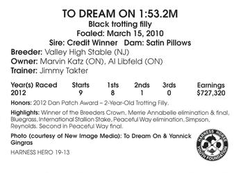 2013 Harness Heroes #19 To Dream On Back